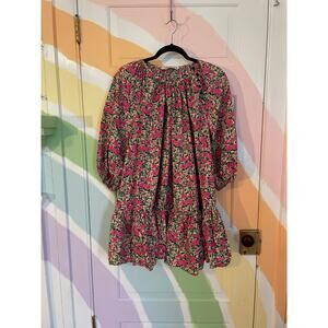 Zara Floral Babydoll Smock Mini Dress Pink Roses Ruffle Hem Size Large